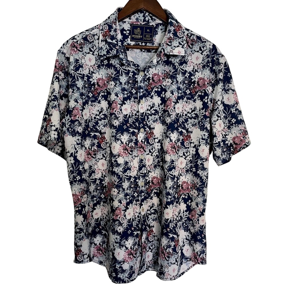 Rugby University Stretch Floral Button Up Shirt Men's XL Navy Pink Short Sleeve